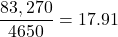 Rendered by QuickLaTeX.com \dfrac{83,270}{4650} = 17.91