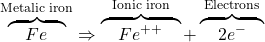 \overbrace{\quad Fe \quad}^{\textrm{Metalic iron}} \Rightarrow \overbrace{\quad Fe^{++} \quad }^{\textrm{Ionic iron} } + \overbrace{\quad 2e^{-} \quad }^{\textrm{Electrons} }