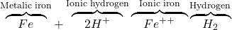 \overbrace{\quad Fe \quad}^{\textrm{Metalic iron}} + \overbrace{\quad 2H^+ \quad}^{\textrm{Ionic hydrogen}}\overbrace{\quad Fe^{++} \quad}^{\textrm{Ionic iron}}\overbrace{\quad H_2 \quad}^{\textrm{Hydrogen}}