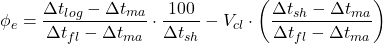 \phi _e = \dfrac{\Delta t _{log} - \Delta t _{ma}}{\Delta t _{fl} - \Delta t _{ma}}\cdot \dfrac{100}{\Delta t _{sh}} - V _{cl} \cdot \left( \dfrac{\Delta t _{sh} - \Delta t _{ma}}{\Delta t _{fl} - \Delta t _{ma}} \right)