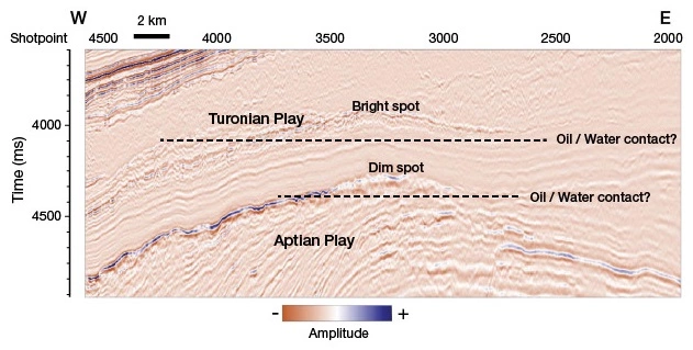 Dim spot indicator on a seismic section, Seismic Interpretation Methods, Seismic Modeling, Seismic