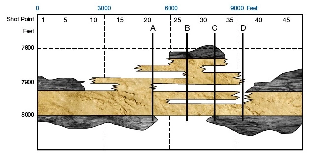 Lateral lithologic transition modeled through the four wells, , Seismic Interpretation Methods, Seismic Modeling, Seismic 