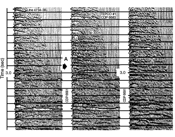 Near and far offset-stacks; arrow A is the reflector of interest, Interpretation with Seismic Attributes, Seismic Attributes, Seismic. geophysics