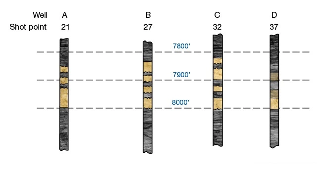 Stratigraphic columns for four model wells, , Seismic Interpretation Methods, Seismic Modeling, Seismic 