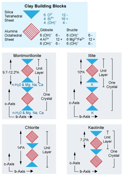 Building blocks of clays, cation exchange capacity