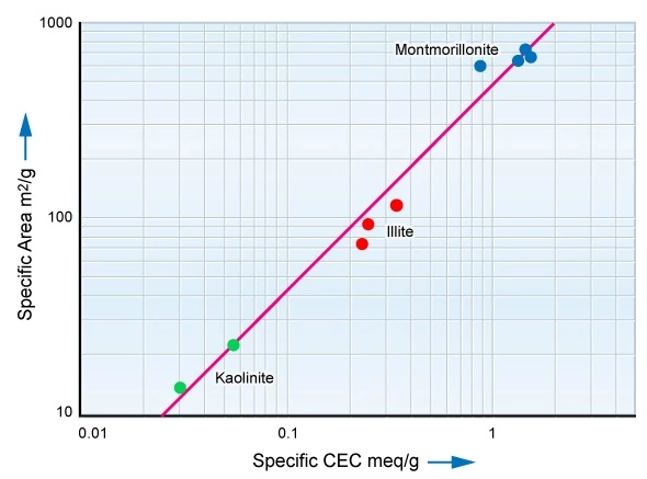 Relationship between cation exchange capacity and specific surface area, cation exchange capacity, irreducible water saturation